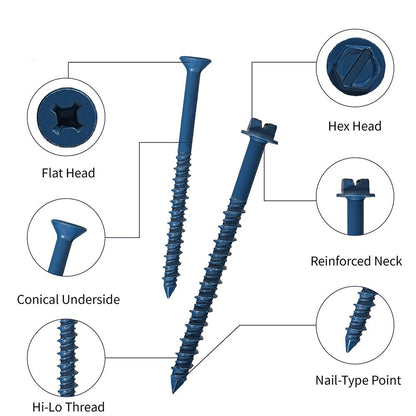 230x Phillips Flat & Slotted Hex Washer Head Concrete Screws 1/4″ and 3/16″ Blue