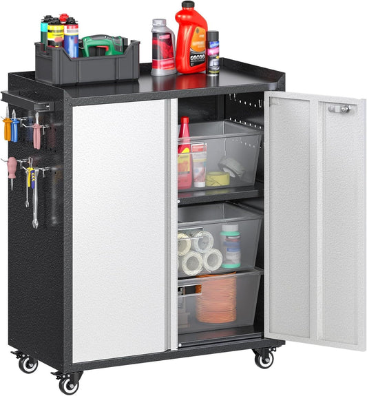 Aobabo H Metal Storage Cabinet With Wheels, Locking Steel Rolling Tools Chest With Handle, Garage Tool Storage Cabinet With 1 Shelves 2 Side Pegboards And 4 Hooks,Assembly Required, Black Grey