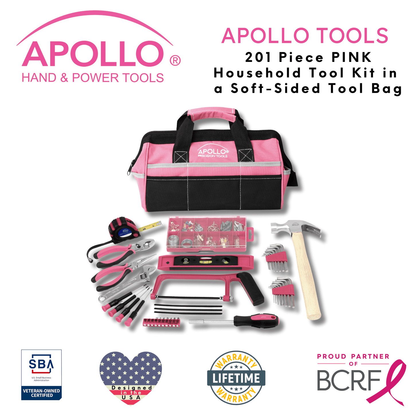 201 Piece Household Tool Kit in a Soft-Sided Tool Bag Pink - DT0020P