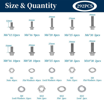 292 Pcs 304 Stainless Steel Bolts and Nuts Kit, A2 Hex Head Flange Nut and Bolt Set M6 M8 M10