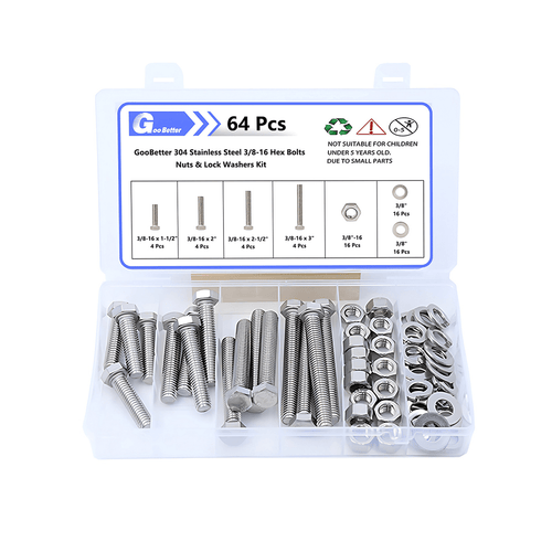 64Pcs 1/4''-20 Hex Head Bolts And Nut & Washer Assortment Kit 304 Stainless Steel