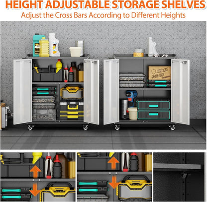 Aobabo H Metal Storage Cabinet With Wheels, Locking Steel Rolling Tools Chest With Handle, Garage Tool Storage Cabinet With 1 Shelves 2 Side Pegboards And 4 Hooks,Assembly Required, Black Grey