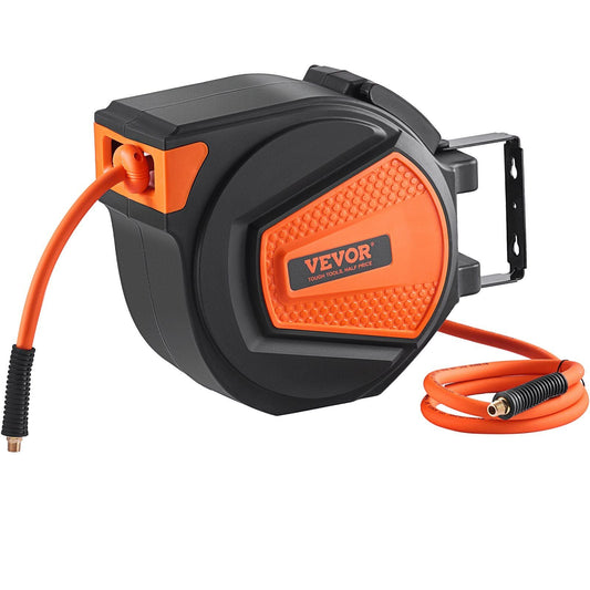 Retractable Air Hose Reel, 3/8 IN x 50 FT Hybrid Air Hose Max 300PSI, Air Compressor Hose Reel with 5 ft Lead in, Ceiling / Wall Mount Enclosed Air Reel, 180° Swivel Mount