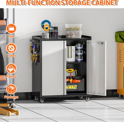 Aobabo H Metal Storage Cabinet With Wheels, Locking Steel Rolling Tools Chest With Handle, Garage Tool Storage Cabinet With 1 Shelves 2 Side Pegboards And 4 Hooks,Assembly Required, Black Grey