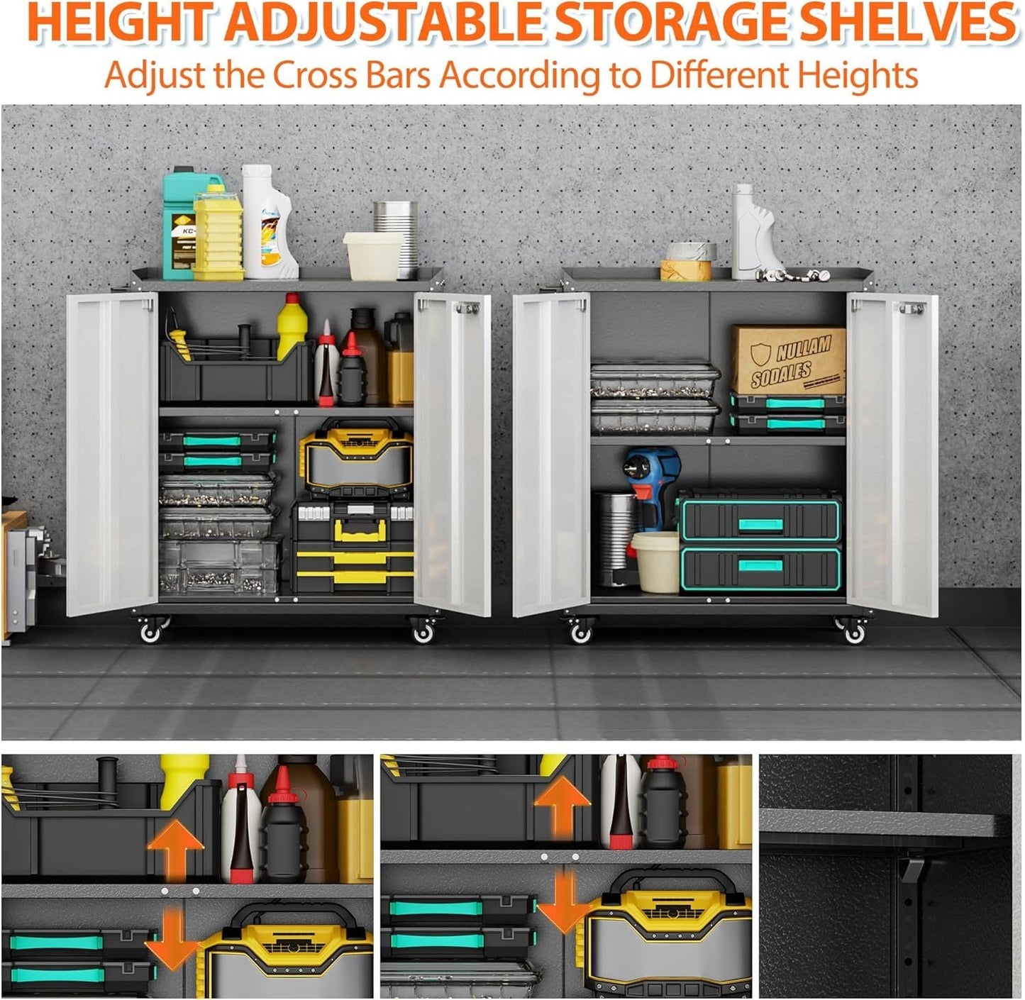 Aobabo H Metal Storage Cabinet With Wheels, Locking Steel Rolling Tools Chest With Handle, Garage Tool Storage Cabinet With 1 Shelves 2 Side Pegboards And 4 Hooks,Assembly Required, Black Grey
