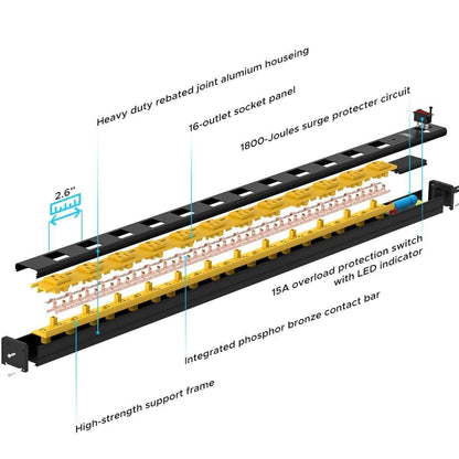 CRST 12-Outlet Metal Power Strip Surge Protector — 1800J, 2.6" Wide Outlets, Mountable